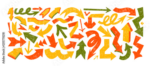 Crayon drawn bold folded and curved arrows. Graffiti retro style colorful elements with pencil texture, scribble vector icons. Set of thick punk grunge geometric arrows. Doodle different directions.