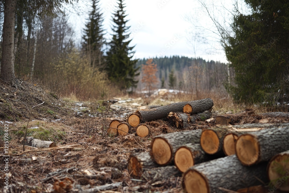 Cut logs lie on forest ground. Cut logs lie on forest ground.