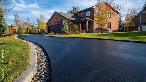 New asphalt driveway curves to a brick house. Ideal for real estate, construction, and home improvement projects.