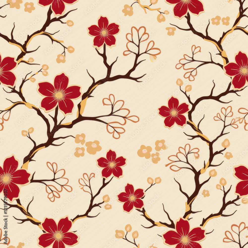 Red Cherry Blossom Floral Seamless Pattern - Floral patterns Red Cherry Blossom Floral Seamless Pattern - Floral patterns