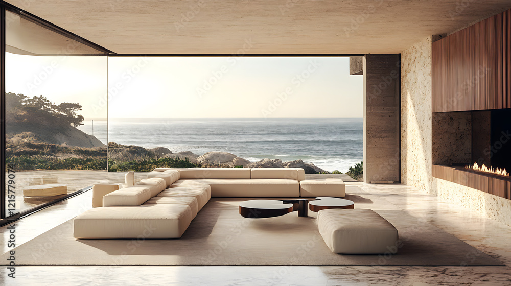 Fototapeta premium Comfortable outdoor lounge overlooking the ocean, ideal for enjoying serene sunset moments.
