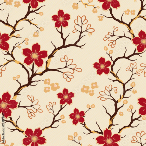 Red Cherry Blossom Floral Seamless Pattern - Floral patterns