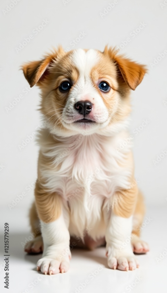 Fototapeta premium Adorable puppy looking curiously, showcasing its fluffy coat and bright eyes.