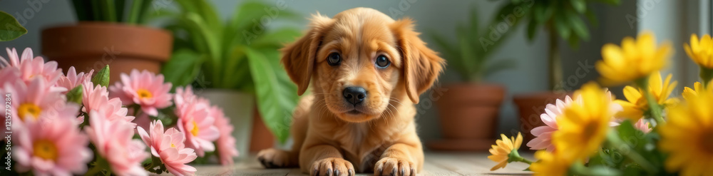 Obraz premium Adorable puppy surrounded by vibrant flowers in a cozy indoor setting.