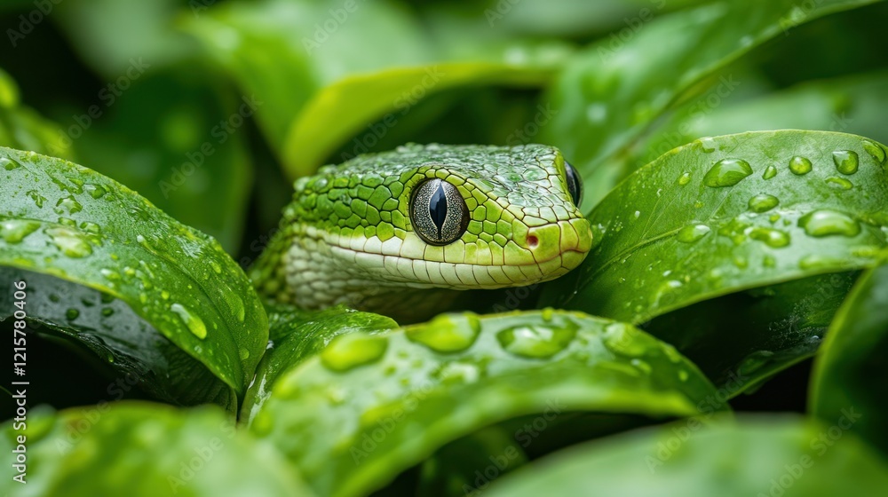 Green snake hiding in rainforest foliage after rain Green snake hiding in rainforest foliage after rain