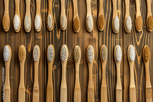 Eco-friendly bamboo toothbrushes arranged in alternating positions on a textured wood panel photo