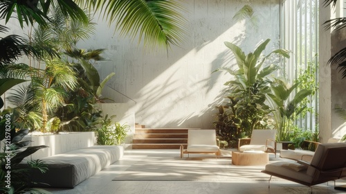 Serene Indoor Oasis: Sunlight Dappled Tropical Garden Retreat