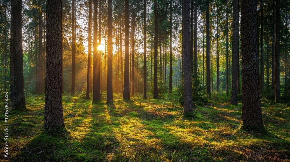 Golden Hour in the Forest: A Serene Sunset Scene Golden Hour in the Forest: A Serene Sunset Scene