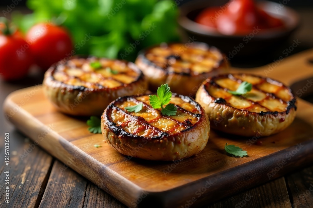Delicious grilled mushrooms with herbs and vegetables on a wooden cutting board. Delicious grilled mushrooms with herbs and vegetables on a wooden cutting board.