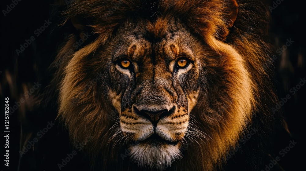 Naklejka premium Majestic lion portrait, dark background, wildlife, Africa, nature, power, strength, advertising