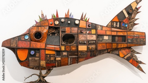 Colorful recycled-material fish sculpture art. Gallery display.  Home decor