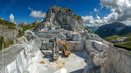 Marble quarry operations in a mountainous region under a clear sky in bright daylight