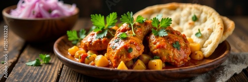 Deliciously plated chicken curry with naan and fresh herbs, perfect for a feast. photo