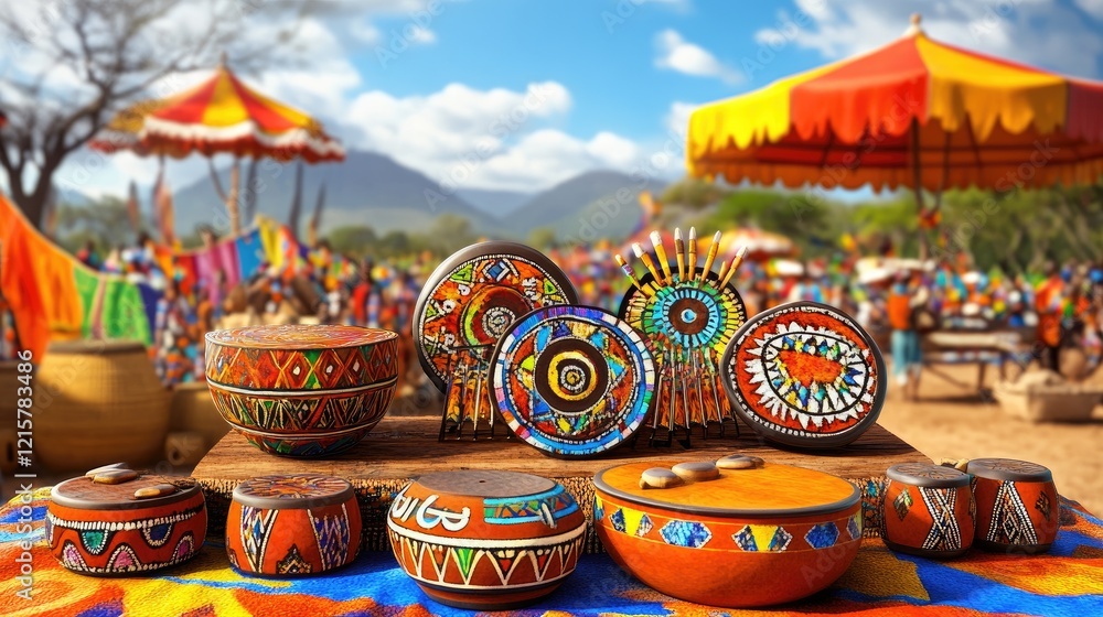 Fototapeta premium Colorful African crafts at market, vibrant background