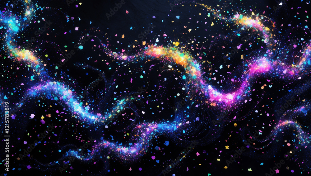 Cosmic Stream of Multicolored Particles on Dark Background Abstract Illustration