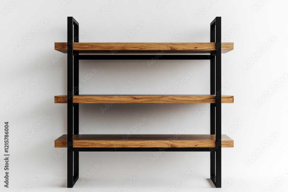 Modern Wooden and Metal Three-Tier Shelving Unit, Minimalist Design, Empty Shelves, Studio Shot, Clean Background Modern Wooden and Metal Three-Tier Shelving Unit, Minimalist Design, Empty Shelves, Studio Shot, Clean Background