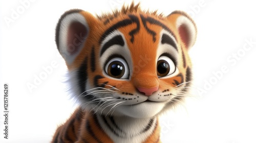 Adorable cartoon tiger cub with big eyes and friendly expression on white background