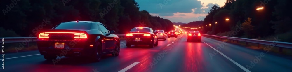 Nighttime traffic with glowing headlights and taillights on the highway. Nighttime traffic with glowing headlights and taillights on the highway.