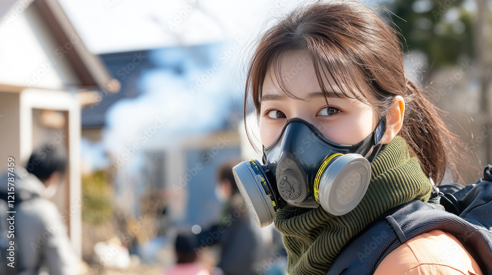 Japanese woman wearing gas mask to protect breath from smoke coming from a burning house Japanese woman wearing gas mask to protect breath from smoke coming from a burning house