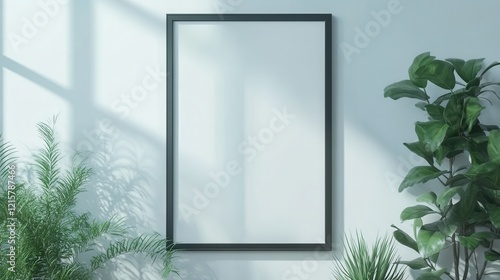 Wallpaper Mural Blank poster mockup in modern room, plants in sunlight. Ideal for showcasing artwork, designs, or quotes. Torontodigital.ca