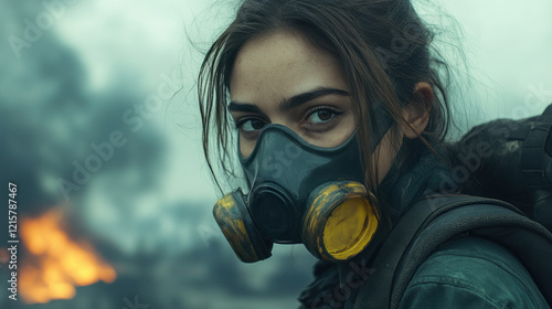 Hispanic woman wearing gas mask to protect breath from smoke coming from a burning house