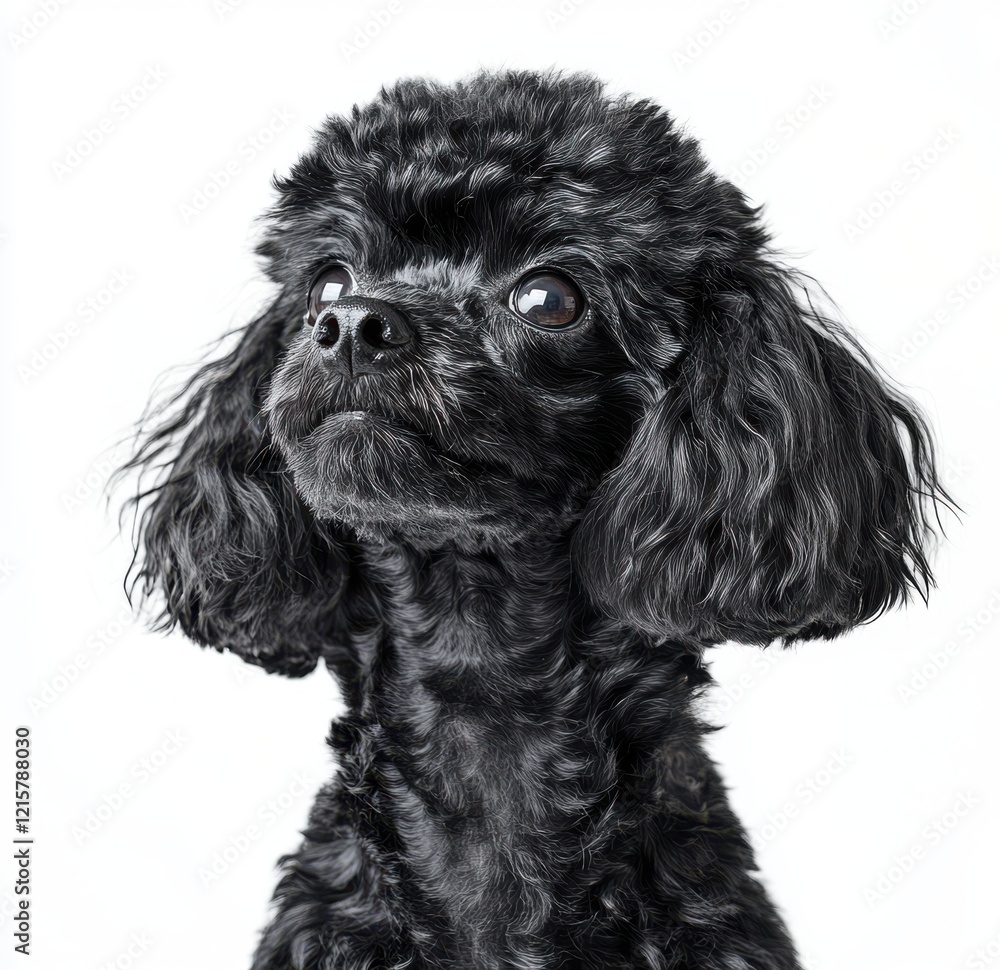 Adorable black poodle portrait showcasing its charming expression and fluffy fur in a clean and simple setting that emphasizes its cuteness and unique character. Adorable black poodle portrait showcasing its charming expression and fluffy fur in a clean and simple setting that emphasizes its cuteness and unique character.