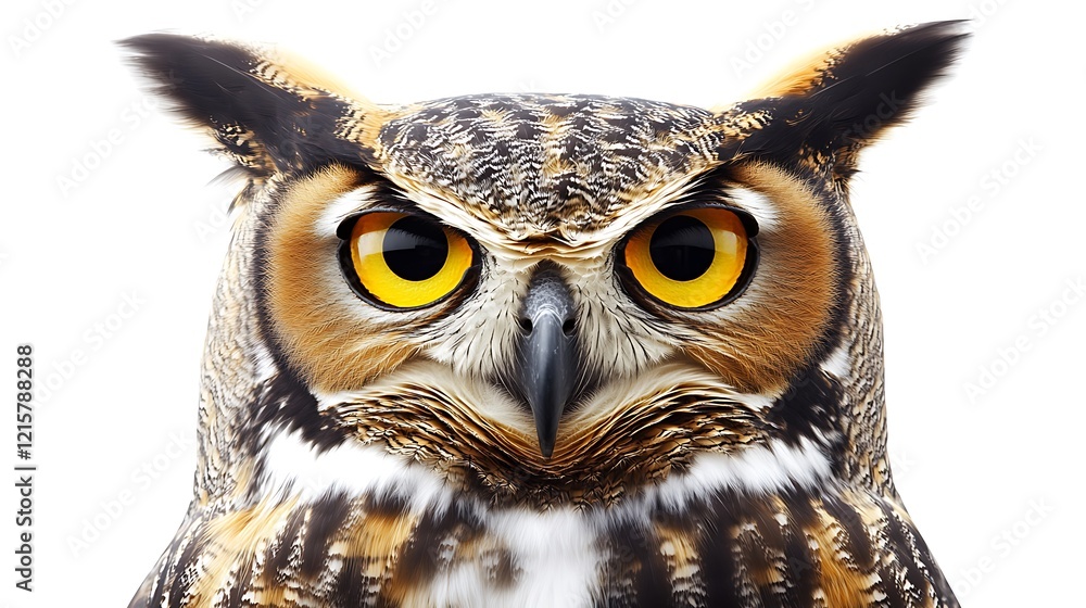 Close-up of a great horned owl with intense yellow eyes against a white background. Close-up of a great horned owl with intense yellow eyes against a white background.