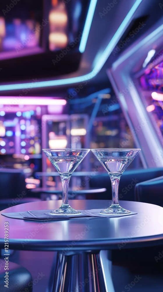 Two Martini Glasses On Table In Neon Lit Bar Two Martini Glasses On Table In Neon Lit Bar