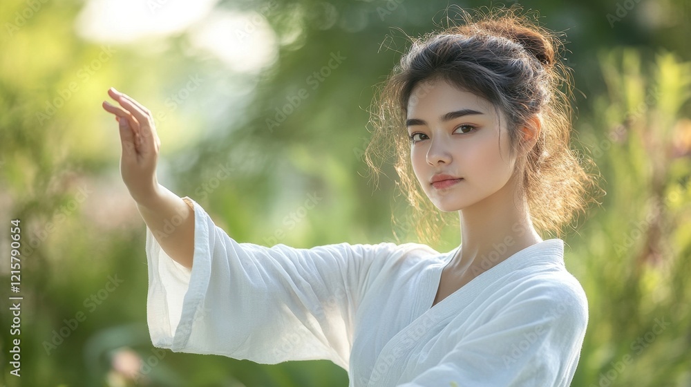 Serene Woman Practicing Tai Chi in a Lush Garden Serene Woman Practicing Tai Chi in a Lush Garden