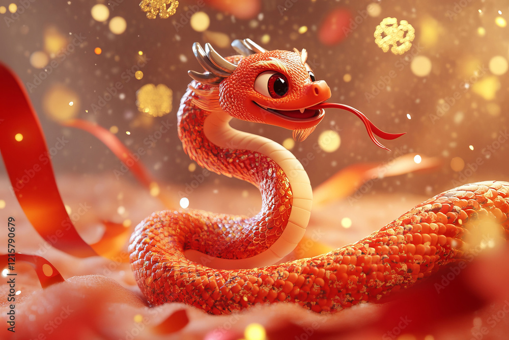 Obraz premium A playful red snake bites a dragon's tail against a backdrop of golden clouds and colorful ribbons. The joyful scene brims with festive energy, celebrating Chinese cultural themes.