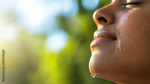 serene close up of woman with tear rolling down her cheek, evoking emotion photo