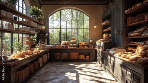 Rustic bakery interior with various breads and pastries displayed on wooden shelves. Perfect for websites  blogs  or articles about artisanal baking and food.