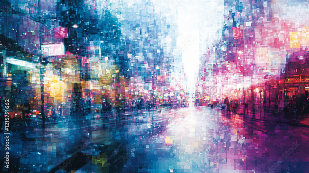 Obraz premium Digital abstract cityscape background with glitchy pixelated electric blues, purples, greens, pinks, whites, and turquoise in a minimalistic bright tone with empty blank caption space on the side