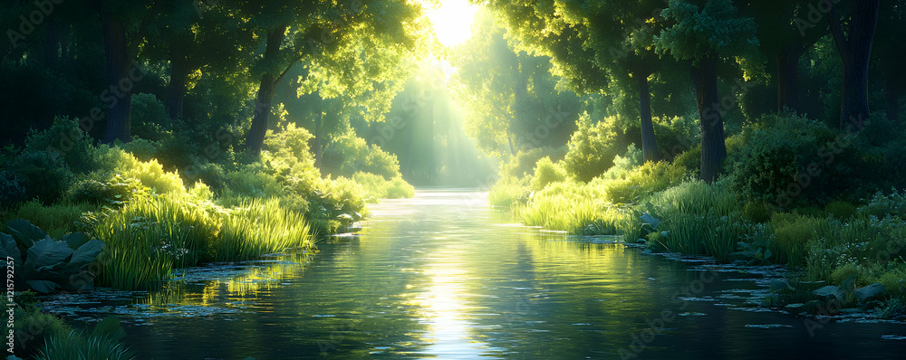 Sunlit River in Lush Forest 3D Illustration Sunlit River in Lush Forest 3D Illustration