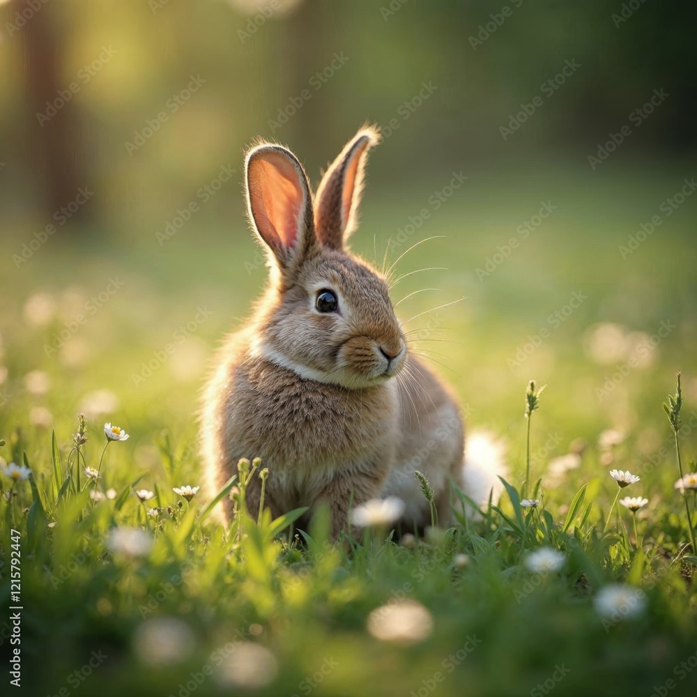 Fototapeta premium Adorable Brown Bunny in a Flowery Meadow