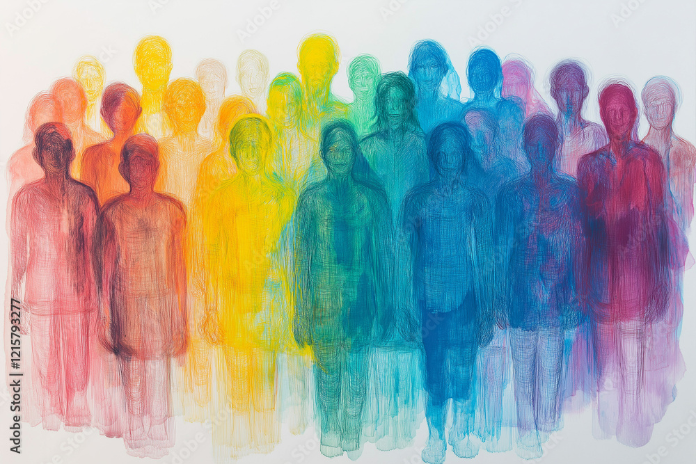 Obraz premium abstract representation of the human family and community. The background is a white canvas with a few colorful strokes that suggest movement or energy around them. Concept illustration.