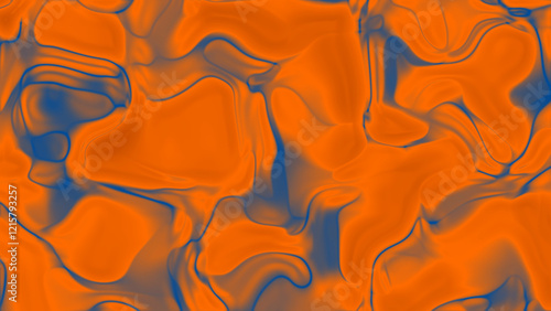 Abstract Blue and Orange Gradient silk fabric with flowing satin waves and soft gold highlights