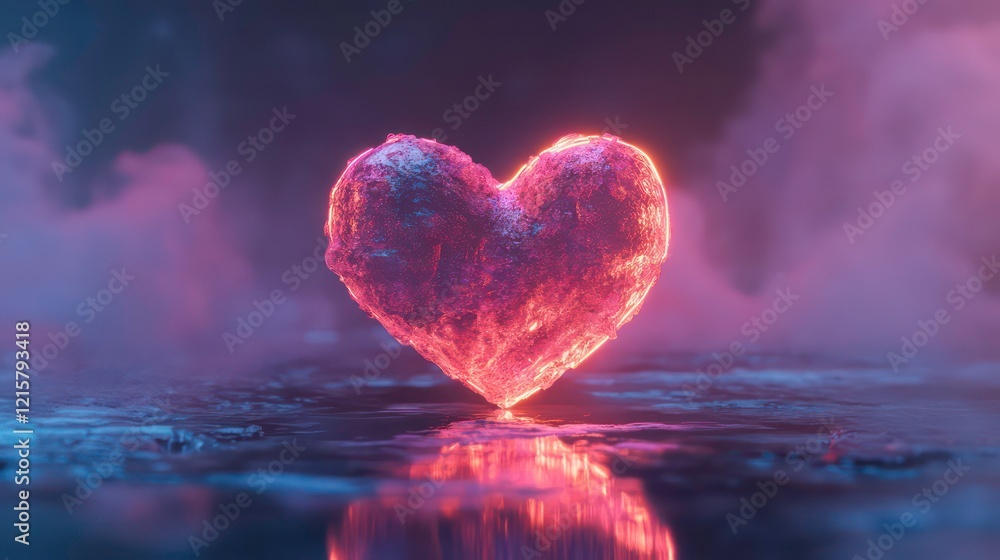 Glowing pink heart shape reflecting on dark surface with fog. Glowing pink heart shape reflecting on dark surface with fog.