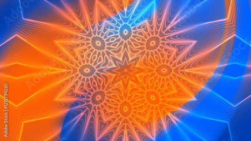 Blue and Orange Gradient Glowing abstract floral pattern with vibrant energy and starry bursts in a colorful space design
