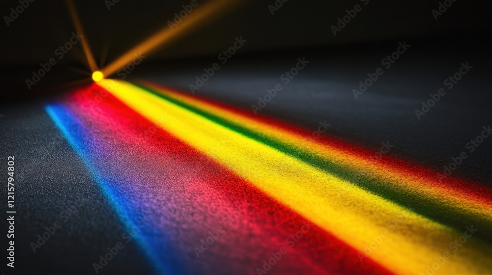 Obraz premium Vibrant Spectrum of Light Projected onto Dark Surface Creating a Colorful Display with Bright Rays of Red, Yellow, Green, Blue, and Violet in Artistic Arrangement