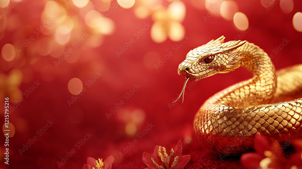 A gleaming golden snake rests on a vivid red backdrop, radiating an aura of festivity and tradition. Perfectly suited for Chinese New Year themes, this design symbolizes prosperity and renewal. A gleaming golden snake rests on a vivid red backdrop, radiating an aura of festivity and tradition. Perfectly suited for Chinese New Year themes, this design symbolizes prosperity and renewal.