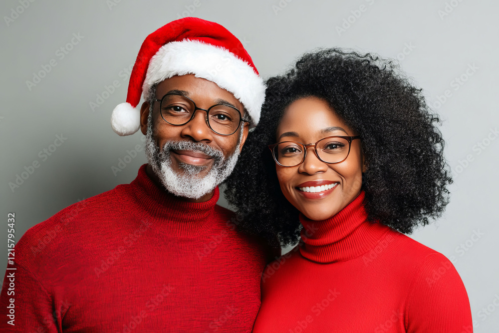 A smiling Black couple celebrating Christmas on a white backdrop. The man wears a Santa hat, and the woman dons a red sweater, radiating joy and holiday cheer in a bright, minimalist style. A smiling Black couple celebrating Christmas on a white backdrop. The man wears a Santa hat, and the woman dons a red sweater, radiating joy and holiday cheer in a bright, minimalist style.