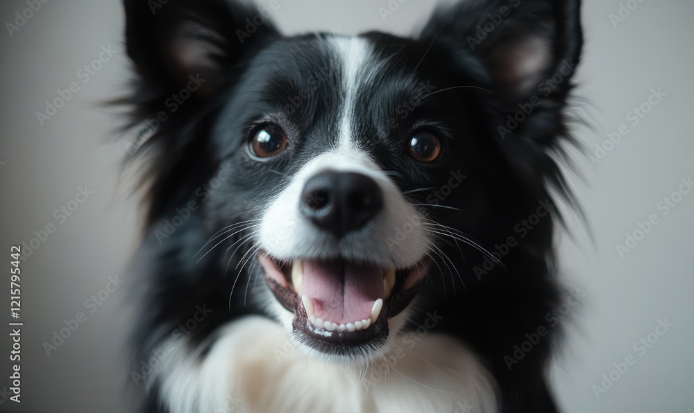 Close-Up Portrait of a Happy Black and White Dog with Bright Eyes and Playful Expression Against a Soft Background, Perfect for Animal Lovers and Pet Enthusiasts Close-Up Portrait of a Happy Black and White Dog with Bright Eyes and Playful Expression Against a Soft Background, Perfect for Animal Lovers and Pet Enthusiasts