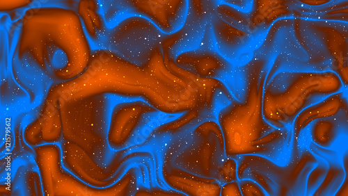 Blue and Orange Gradient Shiny water drops on a metallic surface with flowing waves and a golden, silver design