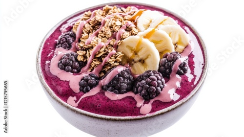 A vibrant bowl of mixed berry smoothie topped with granola, sliced bananas, and a drizzle of honey