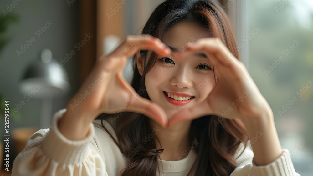 An sian woman smiling brightly while making heart gesture with her hands An sian woman smiling brightly while making heart gesture with her hands