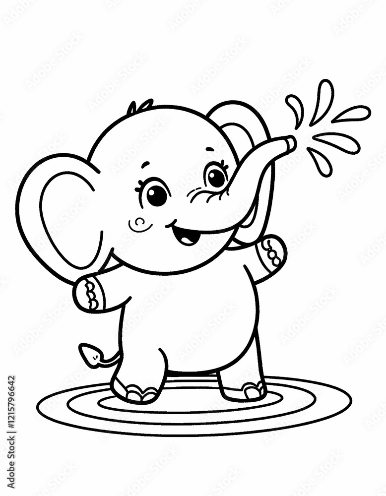 Elephant Playing in Water: A small elephant squirts water with its trunk, forming rainbows and splashes of water. coloring book, page for children Elephant Playing in Water: A small elephant squirts water with its trunk, forming rainbows and splashes of water. coloring book, page for children