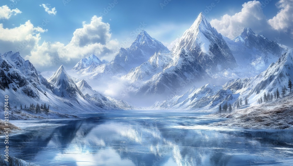 Majestic snow-capped mountains reflected in a serene, frozen lake under a bright blue sky. Majestic snow-capped mountains reflected in a serene, frozen lake under a bright blue sky.