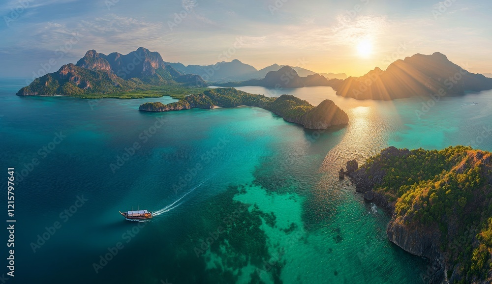 Fototapeta premium Sunrise over tropical islands, boat on turquoise water.