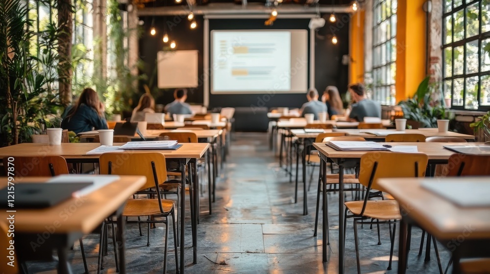 Bright and modern classroom with wooden desks, students learning in a relaxed and creative environment, surrounded by natural light and greenery, symbolizing education and inspiration. Bright and modern classroom with wooden desks, students learning in a relaxed and creative environment, surrounded by natural light and greenery, symbolizing education and inspiration.